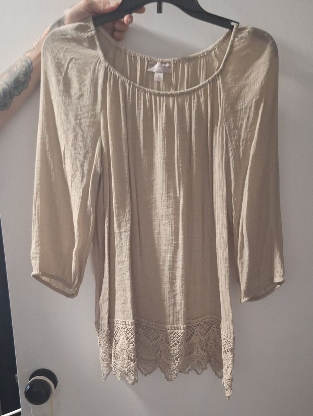 Women's Beige Crochet-Hem Peasant Tunic Top